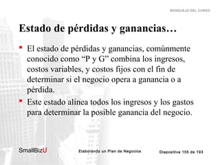 BOSQUEJO DEL CURSO

Estado de pérdidas y ganancias…
 El estado de pérdidas y ganancias, comúnmente
conocido como “P y G” combina los ingresos,
costos variables, y costos fijos con el fin de
determinar si el negocio opera a ganancia o a
pérdida.
 Este estado alinea todos los ingresos y los gastos
para determinar la posible ganancia del negocio.

SmallBizU

™

Elaborando un Plan de Negocios

Diapositiva 155 de 193

 
