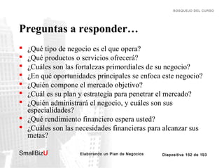 BOSQUEJO DEL CURSO

Preguntas a responder…








¿Qué tipo de negocio es el que opera?
¿Qué productos o servicios ofrecerá?
¿Cuáles son las fortalezas primordiales de su negocio?
¿En qué oportunidades principales se enfoca este negocio?
¿Quién compone el mercado objetivo?
¿Cuál es su plan y estrategia para penetrar el mercado?
¿Quién administrará el negocio, y cuáles son sus
especialidades?
 ¿Qué rendimiento financiero espera usted?
 ¿Cuáles son las necesidades financieras para alcanzar sus
metas?
SmallBizU

™

Elaborando un Plan de Negocios

Diapositiva 162 de 193

 