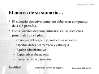 BOSQUEJO DEL CURSO

El marco de su sumario…
 El sumario ejecutivo completo debe estar compuesto
de 4 a 5 párrafos.
 Estos párrafos deberán enfocarse en las secciones
principales de su plan:
–
–
–
–
–

Concepto del negocio y productos o servicios
Oportunidades del mercado y estrategia
Equipo administrativo
Expectativas financieras
Financiamiento e inversión

SmallBizU

™

Elaborando un Plan de Negocios

Diapositiva 165 de 193

 