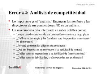 BOSQUEJO DEL CURSO

Error #4: Análisis de competitividad
 Lo importante es el “análisis.” Enumerar los nombres y las
direcciones de sus competidores NO es un análisis.
 Un inversionista está interesado en saber detalles como:
– Lo que usted espera ver de sus competidores a corto y largo plazo
– ¿Cuál es su estrategia y las fortalezas que les permiten mantenerse
en el mercado?
– ¿Por qué compran los clientes sus productos?
– ¿Qué tan buenos son su mercadeo y su actividad de ventas?
– ¿Cuáles son sus prestamistas y su facilidad de financiamiento?
– ¿Cuáles son sus debilidades, y cómo pueden ser explotadas?
SmallBizU

™

Elaborando un Plan de Negocios

Diapositiva 184 de 193

 