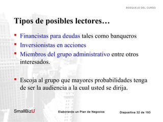 BOSQUEJO DEL CURSO

Tipos de posibles lectores…
 Financistas para deudas tales como banqueros
 Inversionistas en acciones
 Miembros del grupo administrativo entre otros
interesados.
 Escoja al grupo que mayores probabilidades tenga
de ser la audiencia a la cual usted se dirija.

SmallBizU

™

Elaborando un Plan de Negocios

Diapositiva 32 de 193

 