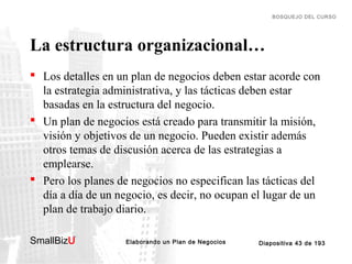 BOSQUEJO DEL CURSO

La estructura organizacional…
 Los detalles en un plan de negocios deben estar acorde con
la estrategia administrativa, y las tácticas deben estar
basadas en la estructura del negocio.
 Un plan de negocios está creado para transmitir la misión,
visión y objetivos de un negocio. Pueden existir además
otros temas de discusión acerca de las estrategias a
emplearse.
 Pero los planes de negocios no especifican las tácticas del
día a día de un negocio, es decir, no ocupan el lugar de un
plan de trabajo diario.
SmallBizU

™

Elaborando un Plan de Negocios

Diapositiva 43 de 193

 