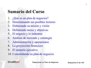 BOSQUEJO DEL CURSO

Sumario del Curso
1. ¿Qué es un plan de negocios?
2. Determinando sus posibles lectores
3. Elaborando su misión y visión
4. Definiendo metas y objetivos
5. El negocio y la industria
6. Análisis de mercado y estrategia
7. Administración y operaciones
8. La proyección financiera
9. El sumario ejecutivo
10. Consolidando su plan de negocios
SmallBizU

™

Elaborando un Plan de Negocios

Diapositiva 5 de 193

 