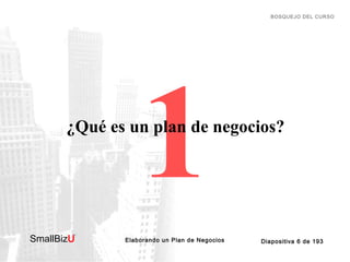 BOSQUEJO DEL CURSO

1

¿Qué es un plan de negocios?

SmallBizU

™

Elaborando un Plan de Negocios

Diapositiva 6 de 193

 