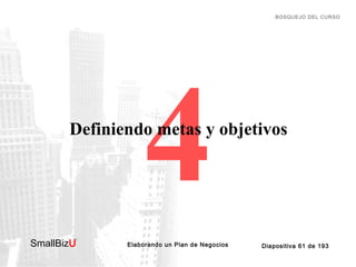 BOSQUEJO DEL CURSO

4

Definiendo metas y objetivos

SmallBizU

™

Elaborando un Plan de Negocios

Diapositiva 61 de 193

 