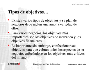 BOSQUEJO DEL CURSO

Tipos de objetivos…
 Existen varios tipos de objetivos y su plan de
negocios debe incluir una amplia variedad de
ellos.
 Para varios negocios, los objetivos más
importantes son los objetivos de mercadeo y los
objetivos financieros.
 Es importante sin embargo, confeccionar sus
objetivos para que cubran todos los aspectos de su
negocio, enfocándose en los objetivos más críticos
del mismo.
SmallBizU

™

Elaborando un Plan de Negocios

Diapositiva 63 de 193

 