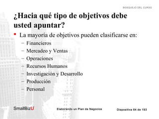 BOSQUEJO DEL CURSO

¿Hacia qué tipo de objetivos debe
usted apuntar?
 La mayoría de objetivos pueden clasificarse en:
–
–
–
–
–
–
–

Financieros
Mercadeo y Ventas
Operaciones
Recursos Humanos
Investigación y Desarrollo
Producción
Personal

SmallBizU

™

Elaborando un Plan de Negocios

Diapositiva 64 de 193

 