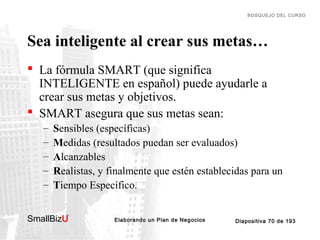 BOSQUEJO DEL CURSO

Sea inteligente al crear sus metas…
 La fórmula SMART (que significa
INTELIGENTE en español) puede ayudarle a
crear sus metas y objetivos.
 SMART asegura que sus metas sean:
–
–
–
–
–

Sensibles (específicas)
Medidas (resultados puedan ser evaluados)
Alcanzables
Realistas, y finalmente que estén establecidas para un
Tiempo Específico.

SmallBizU

™

Elaborando un Plan de Negocios

Diapositiva 70 de 193

 