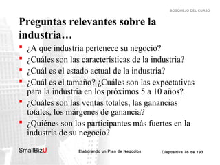BOSQUEJO DEL CURSO

Preguntas relevantes sobre la
industria…





¿A que industria pertenece su negocio?
¿Cuáles son las características de la industria?
¿Cuál es el estado actual de la industria?
¿Cuál es el tamaño? ¿Cuáles son las expectativas
para la industria en los próximos 5 a 10 años?
 ¿Cuáles son las ventas totales, las ganancias
totales, los márgenes de ganancia?
 ¿Quiénes son los participantes más fuertes en la
industria de su negocio?
SmallBizU

™

Elaborando un Plan de Negocios

Diapositiva 76 de 193

 