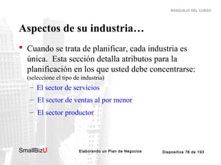 BOSQUEJO DEL CURSO

Aspectos de su industria…
 Cuando se trata de planificar, cada industria es
única. Esta sección detalla atributos para la
planificación en los que usted debe concentrarse:
(seleccione el tipo de industria)

– El sector de servicios
– El sector de ventas al por menor
– El sector productor

SmallBizU

™

Elaborando un Plan de Negocios

Diapositiva 78 de 193

 