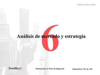 BOSQUEJO DEL CURSO

6

Análisis de mercado y estrategia

SmallBizU

™

Elaborando un Plan de Negocios

Diapositiva 102 de ...