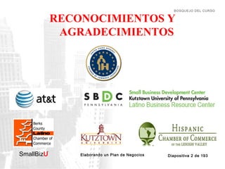BOSQUEJO DEL CURSO

RECONOCIMIENTOS Y
AGRADECIMIENTOS

SmallBizU

™

Elaborando un Plan de Negocios

Diapositiva 2 de 193

 