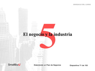 BOSQUEJO DEL CURSO

5

El negocio y la industria

SmallBizU

™

Elaborando un Plan de Negocios

Diapositiva 71 de 193

 