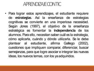 APRENDIZAJECONTIC
• Para lograr estos aprendizajes, el estudiante requiere
de estrategias. Así la enseñanza de estrategias
cognitivas se convierte en una imperiosa necesidad.
Según Jones (1997), el objetivo de la enseñanza
estratégica es fomentar la independencia de los
alumnos. Para ello, necesitan saber cuál es la estrategia,
cómo aplicarla, cuándo y dónde utilizarla. Se le debe
plantear al estudiante, afirma Gallego (2002),
cuestiones que impliquen comparar, diferenciar, buscar
semejanzas, para que logre asociar e integrar las nuevas
ideas, los nuevos temas, con los yaadquiridos.
 