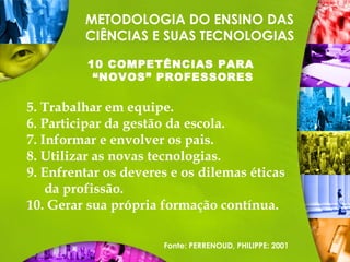 METODOLOGIA DO ENSINO DAS
CIÊNCIAS E SUAS TECNOLOGIAS
10 COMPETÊNCIAS PARA
“NOVOS” PROFESSORES
5. Trabalhar em equipe.
6. Participar da gestão da escola.
7. Informar e envolver os pais.
8. Utilizar as novas tecnologias.
9. Enfrentar os deveres e os dilemas éticas
da profissão.
10. Gerar sua própria formação contínua.
Fonte: PERRENOUD, PHILIPPE: 2001
 