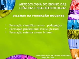 METODOLOGIA DO ENSINO DAS
CIÊNCIAS E SUAS TECNOLOGIAS
DILEMAS DA FORMAÇÃO DOCENTE
 Formação científica versus pedagógica
 Formação profissional versus pessoal
 Formação externa versus interna
Fonte: Educação um Tesouro a Descobrir
UNESCO - 1999
 