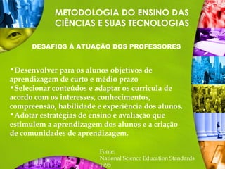 METODOLOGIA DO ENSINO DAS
CIÊNCIAS E SUAS TECNOLOGIAS
DESAFIOS À ATUAÇÃO DOS PROFESSORES
•Desenvolver para os alunos objetivos de
aprendizagem de curto e médio prazo
•Selecionar conteúdos e adaptar os curricula de
acordo com os interesses, conhecimentos,
compreensão, habilidade e experiência dos alunos.
•Adotar estratégias de ensino e avaliação que
estimulem a aprendizagem dos alunos e a criação
de comunidades de aprendizagem.
Fonte:
National Science Education Standards
1995
 