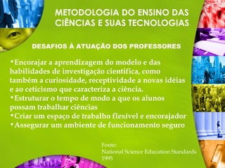 METODOLOGIA DO ENSINO DAS
CIÊNCIAS E SUAS TECNOLOGIAS
DESAFIOS À ATUAÇÃO DOS PROFESSORES
Fonte:
National Science Education Standards
1995
•Encorajar a aprendizagem do modelo e das
habilidades de investigação cientifica, como
também a curiosidade, receptividade a novas idéias
e ao ceticismo que caracteriza a ciência.
•Estruturar o tempo de modo a que os alunos
possam trabalhar ciências
•Criar um espaço de trabalho flexível e encorajador
•Assegurar um ambiente de funcionamento seguro
 