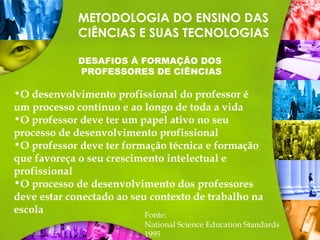 METODOLOGIA DO ENSINO DAS
CIÊNCIAS E SUAS TECNOLOGIAS
DESAFIOS À FORMAÇÃO DOS
PROFESSORES DE CIÊNCIAS
Fonte:
National Science Education Standards
1995
•O desenvolvimento profissional do professor é
um processo contínuo e ao longo de toda a vida
•O professor deve ter um papel ativo no seu
processo de desenvolvimento profissional
•O professor deve ter formação técnica e formação
que favoreça o seu crescimento intelectual e
profissional
•O processo de desenvolvimento dos professores
deve estar conectado ao seu contexto de trabalho na
escola
 