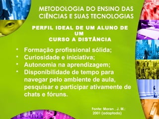 METODOLOGIA DO ENSINO DAS
CIÊNCIAS E SUAS TECNOLOGIAS
PERFIL IDEAL DE UM ALUNO DE
UM
CURSO A DISTÂNCIA
 Formação profissional sólida;
 Curiosidade e iniciativa;
 Autonomia na aprendizagem;
 Disponibilidade de tempo para
navegar pelo ambiente de aula,
pesquisar e participar ativamente de
chats e fóruns.
Fonte: Moran , J. M.:
2001 (adaptado)
 