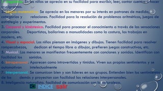 1. Lingüística. En los niños se aprecia en su facilidad para escribir, leer, contar cuentos o hacer
crucigramas.
2. Lógica-matemática. Se aprecia en los menores por su interés en patrones de medida,
categorías y relaciones. Facilidad para la resolución de problemas aritméticos, juegos de
estrategia y experimentos.
3. Corporal y kinéstesica. Facilidad para procesar el conocimiento a través de las sensaciones
corporales. Deportistas, bailarines o manualidades como la costura, los trabajos en
madera, etc.
4. Visual y espacial. Los niños piensan en imágenes y dibujos. Tienen facilidad para resolver
rompecabezas, dedican el tiempo libre a dibujar, prefieren juegos constructivos, etc.
5. Musical. Los menores se manifiestan frecuentemente con canciones y sonidos. Identifican con
facilidad los sonidos.
6. Intrapersonal. Aparecen como introvertidos y tímidos. Viven sus propios sentimientos y se
automotivan intelectualmente
7. Interpersonal. Se comunican bien y son líderes en sus grupos. Entienden bien los sentimientos
de los demás y proyectan con facilidad las relaciones interpersonales.
8. Inteligencia naturalista. facilidad de comunicación con la naturaleza.
INDICE salir
 