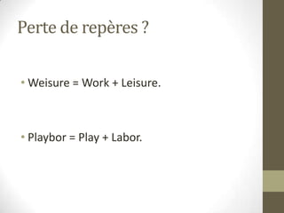 Perte de repères ?

• Weisure = Work + Leisure.



• Playbor = Play + Labor.
 