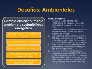 Desafíos: Ambientales 
Cambio climático, medio 
ambiente y sostenibilidad 
energética 
Expandir fuentes renovables de 
energía 
Cultura de eficiencia energética 
Mejorar el manejo de desechos 
Proteger la amazonía y los 
bosques primarios 
Reducir emisiones de gases 
efecto invernadero 
Retos Ambientales: 
1. En 1990 la región contaba con 
10.390.00Km2 de bosques, hoy en día 
9.460.000Km2 (casi el tamaño de los 
EEUU) 
2. La deforestación anual entre 2000 y 2010 
ha sido del 0.45%, la más alta de las 
regiones del mundo 
3. El sector transporte regional consume el 
23% de la energía, frente a un 19% en los 
países de mayor ingreso. Esto evidencia 
lo poco eficiente del sector en la región 
4. En los últimos 20 años las emisiones de 
gases efecto invernadero en la región 
han aumentado un 51% 
5. Las rentas provenientes de recursos 
naturales equivalen al 7% del PIB, frente 
al 22% en el Medio Oriente y el Norte de 
África o al 14% del África Sub-Sahariana. 
En los países de más alto ingreso es del 
1.6% y en el Sudeste Asiático del 5.8%) 
 