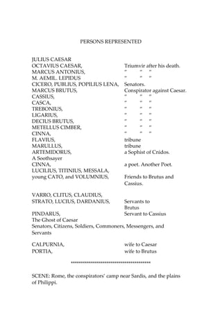 PERSONS REPRESENTED
JULIUS CAESAR
OCTAVIUS CAESAR, Triumvir after his death.
MARCUS ANTONIUS, ” ” ”
M. AEMIL. LEPIDUS ” ” ”
CICERO, PUBLIUS, POPILIUS LENA, Senators.
MARCUS BRUTUS, Conspirator against Caesar.
CASSIUS, ” ” ”
CASCA, ” ” ”
TREBONIUS, ” ” ”
LIGARIUS, ” ” ”
DECIUS BRUTUS, ” ” ”
METELLUS CIMBER, ” ” ”
CINNA, ” ” ”
FLAVIUS, tribune
MARULLUS, tribune
ARTEMIDORUS, a Sophist of Cnidos.
A Soothsayer
CINNA, a poet. Another Poet.
LUCILIUS, TITINIUS, MESSALA,
young CATO, and VOLUMNIUS, Friends to Brutus and
Cassius.
VARRO, CLITUS, CLAUDIUS,
STRATO, LUCIUS, DARDANIUS, Servants to
Brutus
PINDARUS, Servant to Cassius
The Ghost of Caesar
Senators, Citizens, Soldiers, Commoners, Messengers, and
Servants
CALPURNIA, wife to Caesar
PORTIA, wife to Brutus
****************************************
SCENE: Rome, the conspirators’ camp near Sardis, and the plains
of Philippi.
 