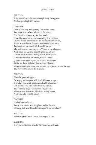 Julius Caesar
BRUTUS.
A flatterer’s would not, though they do appear
As huge as high Olympus.
CASSIUS.
Come, Antony and young Octavius, come,
Revenge yourselves alone on Cassius,
For Cassius is a-weary of the world;
Hated by one he loves; braved by his brother;
Check’d like a bondman; all his faults observed,
Set in a note-book, learn’d and conn’d by rote,
To cast into my teeth. O, I could weep
My spirit from mine eyes!—There is my dagger,
And here my naked breast; within, a heart
Dearer than Plutus’ mine, richer than gold:
If that thou be’st a Roman, take it forth;
I, that denied thee gold, will give my heart:
Strike as thou didst at Caesar; for I know,
When thou didst hate him worst, thou lovedst him better
Than ever thou lovedst Cassius.
BRUTUS.
Sheathe your dagger:
Be angry when you will, it shall have scope;
Do what you will, dishonor shall be humour.
O Cassius, you are yoked with a lamb
That carries anger as the flint bears fire;
Who, much enforced, shows a hasty spark,
And straight is cold again.
CASSIUS.
Hath Cassius lived
To be but mirth and laughter to his Brutus,
When grief, and blood ill-temper’d, vexeth him?
BRUTUS.
When I spoke that, I was ill-temper’d too.
CASSIUS.
Do you confess so much? Give me your hand.
 
