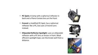 SPOTLIGHTS 
• PC Spots: A lamp with a spherical reflector in 
back and a Plano-Convex lens on the front. 
• Fresnel: a modified PC-Spot, has a spherical 
reflector like a PC, but uses a Fresnel Lens 
instead. 
• Ellipsoidal Reflector Spotlight: uses an ellipsoidal 
reflector with a PC lens or lenses in front. Most 
efficient spotlight type, can illuminate well from a 
distance. 
 
