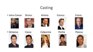 Casting 
• Julius Caesar Brutus Antony Cassius Cicero 
• Octavius Casca Calpurnia Portia Flavius 
 
