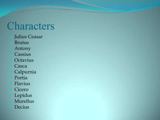 Characters
   Julius Ceasar
   Brutus
   Antony
   Cassius
   Octavius
   Casca
   Calpurnia
   Portia
   Flavius
   Cicero
   Lepidus
   Murellus
   Decius
 