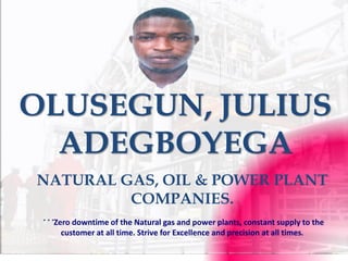 OLUSEGUN, JULIUS
ADEGBOYEGA
NATURAL GAS, OIL & POWER PLANT
COMPANIES.
…Zero downtime of the Natural gas and power plants, constant supply to the
customer at all time. Strive for Excellence and precision at all times.
 