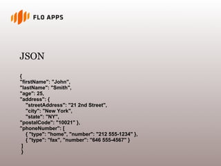 JSON
{
"firstName": "John",
"lastName": "Smith",
"age": 25,
"address": {
   "streetAddress": "21 2nd Street",
   "city": "New York",
   "state": "NY",
"postalCode": "10021" },
"phoneNumber": [
   { "type": "home", "number": "212 555-1234" },
   { "type": "fax", "number": "646 555-4567" }
 ]
 }
 
