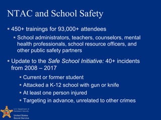 U.S. Department of
Homeland Security
United States
Secret Service
NTAC and School Safety
 450+ trainings for 93,000+ atte...