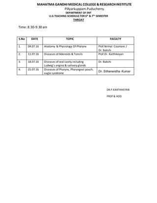 MAHATMA GANDHI MEDICAL COLLEGE&RESEARCH INSTITUTE
Pillyarkuppam.Puducherry.
DEPARTMENT OF ENT
U.G TEACHING SCHEDULE FOR 6th
& 7TH
SEMESTER
THROAT
Time: 8.30-9.30 am
DR.P.KARTHIKEYAN
PROF& HOD
S.No DATE TOPIC FACULTY
1. 04.07.16 Anatomy & Physiology Of Pharynx Prof.Nirmal Coumare /
Dr. Bakshi
2. 11.07.16 Diseases of Adenoids & Tonsils Prof.Dr. Karthikeyan
3. 18.07.16 Diseases of oral cavity including
Ludwig’s angina & salivary glands
Dr. Bakshi
4. 25.07.16 Diseases of Pharynx, Pharyngeal pouch,
eagle syndrome
Dr. Sithanandha Kumar
 