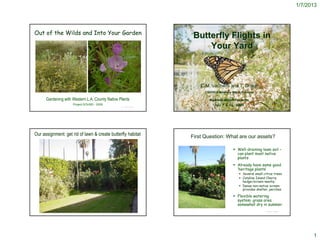 1/7/2013




Out of the Wilds and Into Your Garden
                                                                    Butterfly Flights in
                                                                        Your Yard



                                                                       C.M. Vadheim and T. Drake
                                                                         CSUDH & Madrona Marsh Preserve

      Gardening with Western L.A. County Native Plants                     Madrona Marsh Preserve
                     Project SOUND - 2009                                     July 7 & 11, 2009
                                                 © Project SOUND                                              © Project SOUND




Our assignment: get rid of lawn & create butterfly habitat         First Question: What are our assets?

                                                                                           Well-draining loam soil –
                                                                                            can plant most native
                                                                                            plants
                                                                                           Already have some good
                                                                                            ‘heritage plants’
                                                                                              Several small citrus trees
                                                                                              Catalina Island Cherry
                                                                                               hedge/screen nearby
                                                                                              Dense non-native screen
                                                                                               provides shelter, perches

                                                                                           Flexible watering
                                                                                            system: grass area
                                                                                            somewhat dry in summer
                                                 © Project SOUND                                              © Project SOUND




                                                                                                                                      1
 