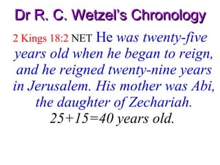 Dr R. C. Wetzel’s Chronology 2 Kings 18:2  NET   He  was twenty-five years old when he began to reign, and he reigned twenty-nine years in Jerusalem. His mother was Abi, the daughter of Zechariah.  25+15=40 years old.   