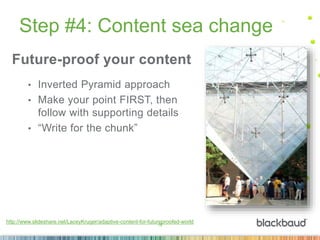 18
Step #4: Content sea change
Future-proof your content
• Inverted Pyramid approach
• Make your point FIRST, then
follow with supporting details
• “Write for the chunk”
http://www.slideshare.net/LaceyKruger/adaptive-content-for-futureproofed-world
 