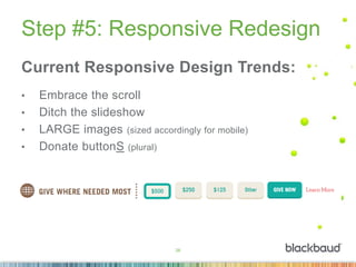 26
Step #5: Responsive Redesign
Current Responsive Design Trends:
• Embrace the scroll
• Ditch the slideshow
• LARGE images (sized accordingly for mobile)
• Donate buttonS (plural)
 