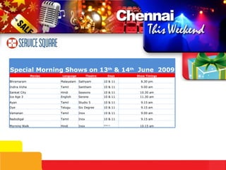 Special Morning Shows on 13th & 14th June 2009
               Movies    Language          Theatre       Days   Show Timings

Bhramaram               Malayalam Sathyam            10 & 11      8.30 pm
Indira Vizha            Tamil       Santham          10 & 11      9.00 am
Sankat City             Hindi       Seasons          10 & 11     10.30 am
Ice Age 3               English     Serene           10 & 11     11.30 am

Ayan                    Tamil       Studio 5         10 & 11      9.15 am
Oye                     Telugu      Six Degree       10 & 11      9.15 am
Vamanan                 Tamil       Inox             10 & 11      9.00 am

Nadodigal               Tamil       Inox             10 & 11      9.15 am

Morning Walk            Hindi       Inox             10 & 11
                                                                 10.15 am
 