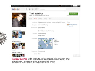 A user profile with friends list contains information like education, location, occupation and links. <br />