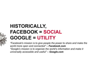HISTORICALLY, FACEBOOK = SOCIAL<br />GOOGLE = UTILITY<br />“Facebook's mission is to give people the power to share and ma...