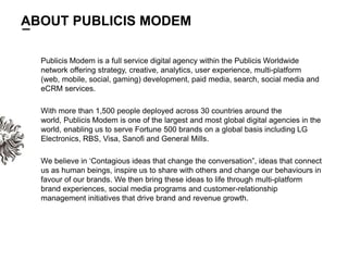 ABOUT PUBLICIS MODEM<br />      Publicis Modem is a full service digital agency within the Publicis Worldwide network offe...