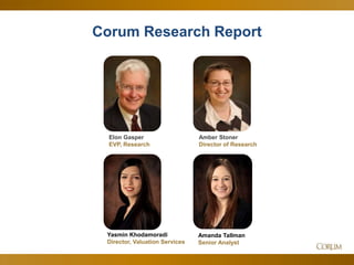 72
Corum Research Report
Elon Gasper
EVP, Research
Amber Stoner
Director of Research
Yasmin Khodamoradi
Director, Valuation Services
Amanda Tallman
Senior Analyst
 