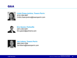 Q&A

                       Linda Chase-Jenkins, Towers Perrin
                       (212) 309-3897
                       Linda.chase-jenkins@towersperrin.com




                       Eric Gesick, PartnerRe
                       (441) 294-5291
                       Eric.gesick@partnerre.com




                       Joe Lebens, Towers Perrin
                       (860) 843-7056
                       Joe.lebens@towersperrin.com




                                                                                                Proprietary and Confidential
© 2009 Towers Perrin                                          Not for use or disclosure outside Towers Perrin and its clients   43
 