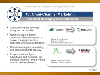 72
Consistent Messaging Across Channels
#3: Omni-Channel Marketing
 Consumers more informed,
savvy and accessible.
 Retailers seek to better
understand behavior patterns,
deliver messages across
channels, and drive purchasing.
 Real-time analytics, marketing
and sales/payments are key.
 Encompasses not just
advertising and websites, but
physical locations, social media,
events, and much more.
Corum Top Ten Disruptive Technology Trends 2015
Sold to
Target: Bronto Software
Acquirer: NetSuite
Transaction Value: $200 million
Target: Deep Forest Media
Acquirer: Rakuten Marketing
Sold to
 