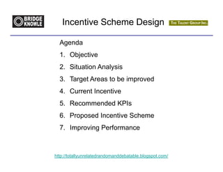 Incentive Scheme Design

  Agenda
  1. Objective
  2. Situation Analysis
  3. Target Areas to be improved
  4. Current Incentive
  5. Recommended KPIs
  6. Proposed Incentive Scheme
  7. Improving Performance



http://totallyunrelatedrandomanddebatable.blogspot.com/
 