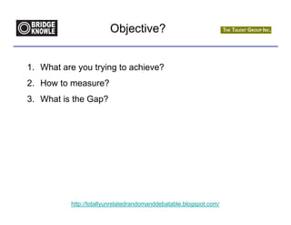 Objective?


1. What are you trying to achieve?
2. How to measure?
3. What is the Gap?




          http://totallyunrelatedrandomanddebatable.blogspot.com/
 