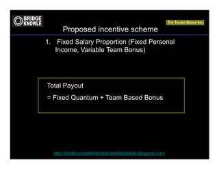 Proposed incentive scheme
1. Fixed Salary Proportion (Fixed Personal
   Income, Variable Team Bonus)




Total Payout
= Fixed Quantum + Team Based Bonus




  http://totallyunrelatedrandomanddebatable.blogspot.com/
 